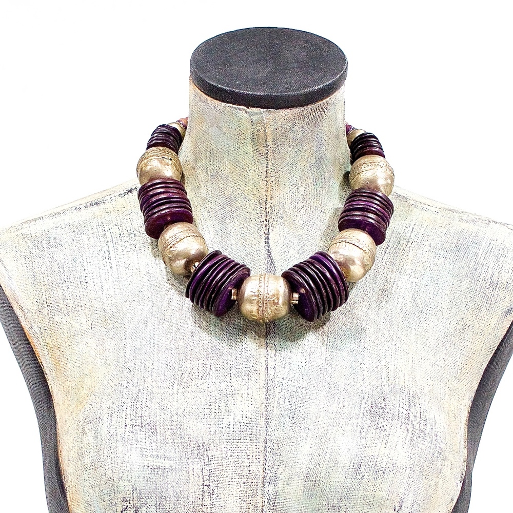 VTG 70'S HUGE Hollow Silver Brass and bone Necklac